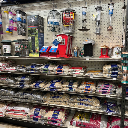 Lawn & Garden SuppliesShelves in a store display various bird feeders and birdseed bags. Brightly colored feeders hang above, while different seed bags are neatly arranged below.