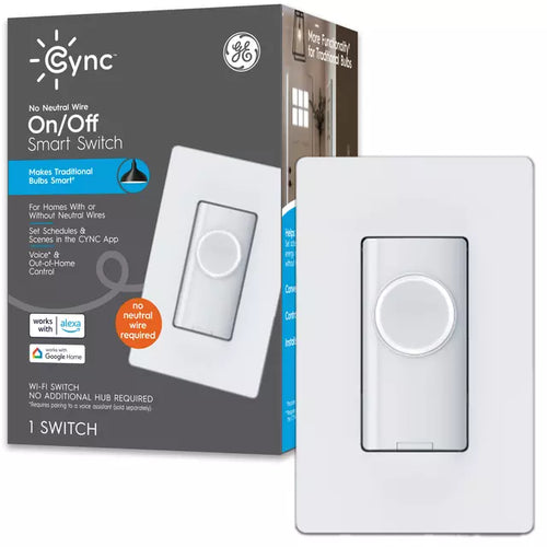 GE Cync Smart Light Switch On/Off Button Style, No Neutral Wire Required Smart Switch, 2.4 GHz WiFi Works with Amazon Alexa and Google Home, White (1 Pack)